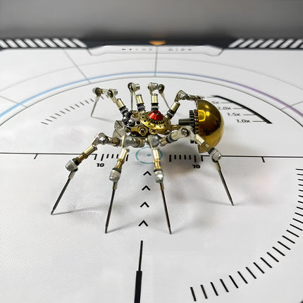  Steampunk spider 3D puzzle metal kit on a white grid, featuring a glossy golden abdomen and articulated mechanical steampunk legs, captured from a slightly elevated angle.