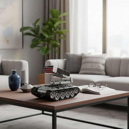 This Mechanical Rocket Launcher Tank 3D Metal Puzzle Kit features a detailed design with interlocking metallic components and a realistic rocket launcher structure. Showcased on a wooden coffee table in a stylish living space, it blends mechanical engineering aesthetics with a realistic military vehicle form. Serving as a distinctive display piece, it adds a touch of mechanical artistry and hobbyist charm to your home decor, ideal for enthusiasts and those seeking a unique decorative element in their living