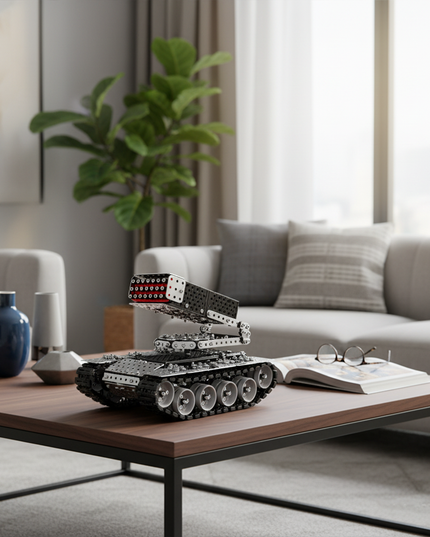 This Mechanical Rocket Launcher Tank 3D Metal Puzzle Kit features a detailed design with interlocking metallic components and a realistic rocket launcher structure. Showcased on a wooden coffee table in a stylish living space, it blends mechanical engineering aesthetics with a realistic military vehicle form. Serving as a distinctive display piece, it adds a touch of mechanical artistry and hobbyist charm to your home decor, ideal for enthusiasts and those seeking a unique decorative element in their living