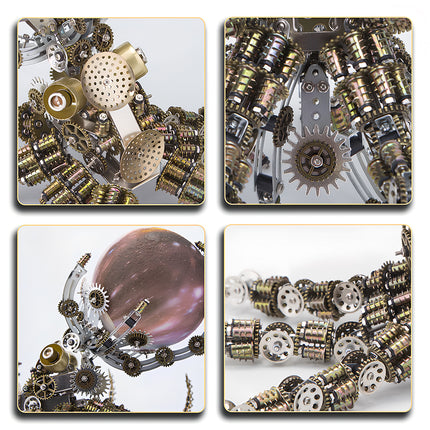 Macro details of a **mechanical metal puzzle** octopus, showing brass gears, transmission structures, and chain tentacles.