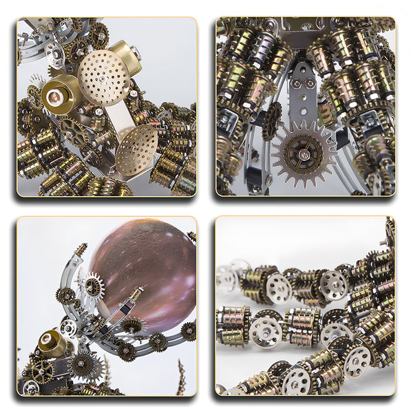 Macro details of a **mechanical metal puzzle** octopus, showing brass gears, transmission structures, and chain tentacles.