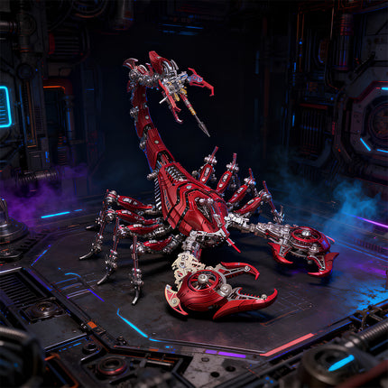 Striking red mechanical scorpion metal model on a high-tech metallic floor, featuring intricate gears and articulated limbs. This DIY 3D puzzle from our Metal Kits collection is a fierce and funny table display for enthusiasts