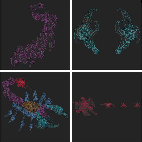 Holographic 3D rendering of the scorpion **metal model kit** parts, emphasizing the complex engineering behind this **puzzle mécanique métal**.