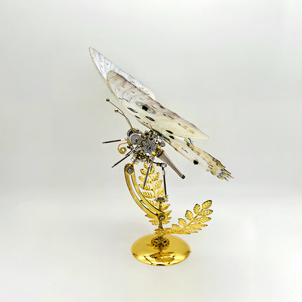 Graceful 3D puzzle metal model of mechanical butterfly - diy craft kit with rewarding building fun, finished as ethereal funny table ornament with translucent white wings & gear details, perfect for upscale decor setups