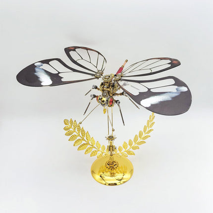 Intriguing steampunk puzzle butterfly metal model with translucent wings, a collectible 3D puzzle Metal Kit showcasing intricate steam punk mech design.