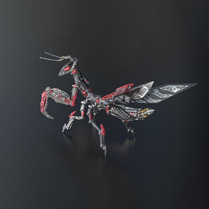 Intricate mechanical praying mantis metal model, a unique black, red, and silver DIY 3D puzzle. This detailed Metal Kits collectible makes an intriguing and funny table display for insect enthusiasts and sci-fi fans alike.