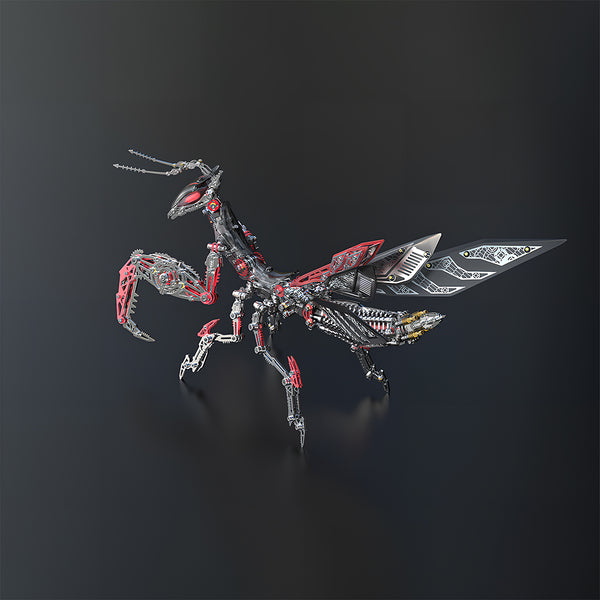 Intricate mechanical praying mantis metal model, a unique black, red, and silver DIY 3D puzzle. This detailed Metal Kits collectible makes an intriguing and funny table display for insect enthusiasts and sci-fi fans alike.