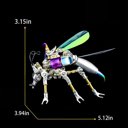  Dimensions of the steampunk hornet mech metal model (3.15in height), a compact 3D puzzle metal kit for mechanical steampunk display.