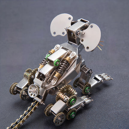 Detailed view of a `mechanical steampunk` mouse `metal model` from an elevated angle, showcasing the suspension system and gear mechanisms of this unique `3D puzzle Metal Kits`.