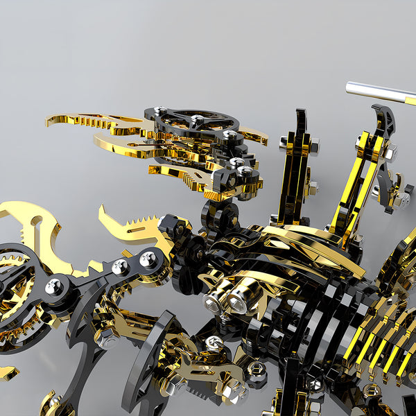  Close-up detail of a golden and black mechanical scorpion, highlighting the intricate parts of this metallic 3D puzzle and metal model kit.
