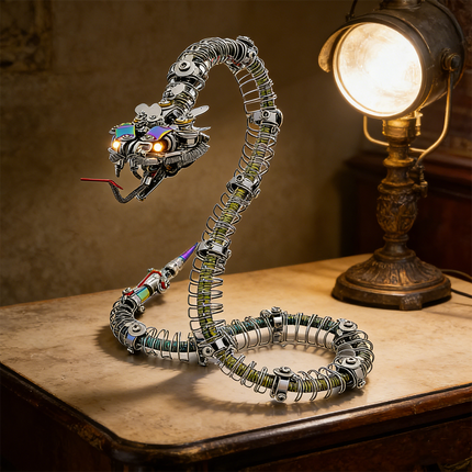  A captivating steampunk mech snake maquette en metal with glowing eyes and iridescent features, intricately designed as a 3D metal model kit. It is displayed on a marble-top table under the warm light of a vintage industrial lamp, offering a unique steampunk puzzle.