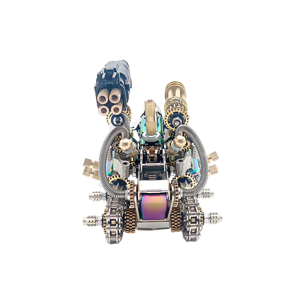 Front view of the Tablefunny mechanical weapon metal assembly, highlighting its twin missile launchers, intricate gears, and robust design. A striking tablefunny desktop model for sci-fi and mecha fans