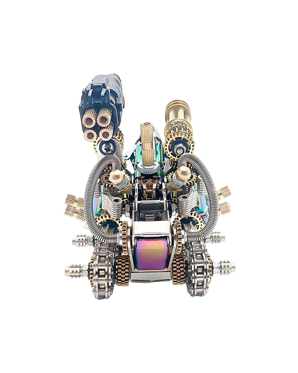 Front view of the Tablefunny mechanical weapon metal assembly, highlighting its twin missile launchers, intricate gears, and robust design. A striking tablefunny desktop model for sci-fi and mecha fans