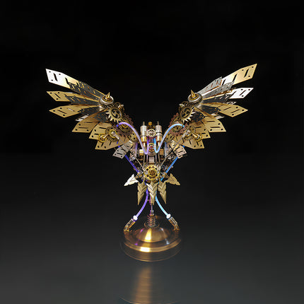 Golden mechanical eagle metal model with intricate gears and glowing multi-color lights, a captivating 3D puzzle for steampunk collectors.
