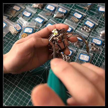 Assembling "Hou Xili" metal robot model kit, showing hands working with tools and organized small parts.
