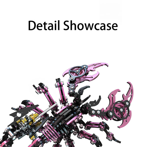 Pink & Black Scorpion 3D Puzzle Metal Model Detail Showcase - Close-up of the DIY Metal Kits' polished pink gears, movable pincers, and golden mechanical components. This intricate 3D puzzle piece features precise screw joints and segmented legs, designed to assemble into a eye-catching decor for funny table displays.