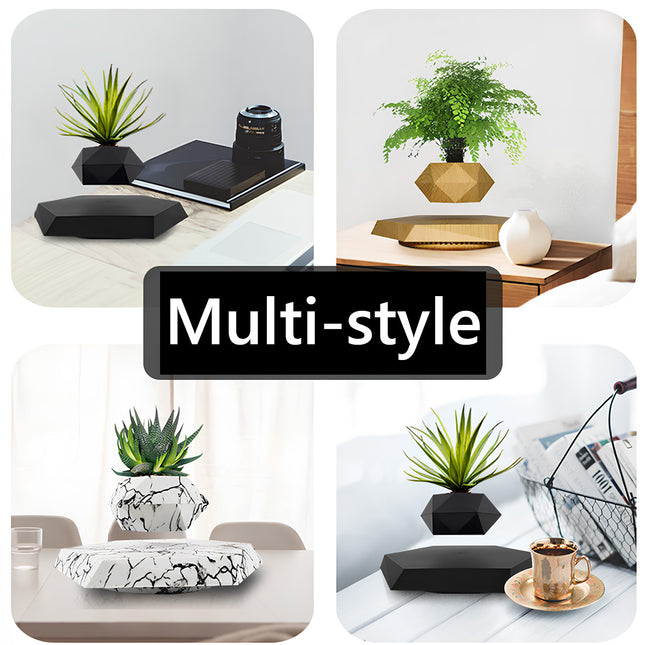 Multi-style magnetic levitation planters: Choose from black, wood grain, or marble geometric floating pots