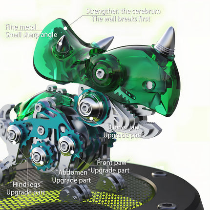  Labeled view of a green mechanical steampunk dinosaur model with upgrade parts for "Lower jaw," "Front paw," "Abdomen," and "Hind legs." A customizable 3D puzzle metal kit for enhancing your steampunk mech.