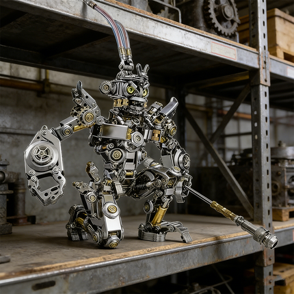 Majestic mechanical steampunk Monkey King 3D puzzle metal kit, armed with a staff and featuring intricate gears and gold accents, displayed in an art gallery. This impressive steam punk mech is a challenging steampunk puzzle, functioning as a striking metal model and a testament to mechanical steampunk artistry, captivating art and Monkey King enthusiasts alike.