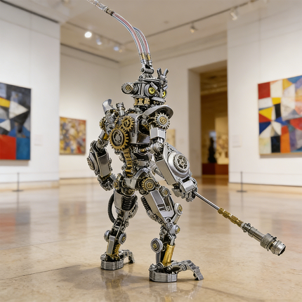 Majestic mechanical steampunk robot 3D puzzle metal kit, armed with a staff and featuring intricate gears and gold accents, displayed in an art gallery. This impressive steam punk mech is a challenging steampunk puzzle, functioning as a striking metal model and a testament to mechanical steampunk artistry, captivating art and robot enthusiasts alike.