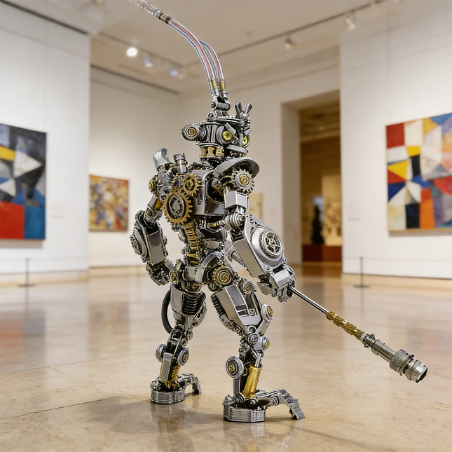 Majestic mechanical steampunk robot 3D puzzle metal kit, armed with a staff and featuring intricate gears and gold accents, displayed in an art gallery. This impressive steam punk mech is a challenging steampunk puzzle, functioning as a striking metal model and a testament to mechanical steampunk artistry, captivating art and robot enthusiasts alike.