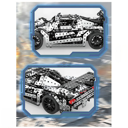 Two detailed views of a metal model race car, featuring close-ups of its side and rear. These highlight the intricate mechanical steampunk elements and sophisticated design of this 3D puzzle metal kit, making it an advanced steampunk puzzle.