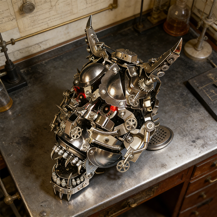 Menacing mechanical steampunk Hannya mask 3D puzzle metal kit with glowing red eyes and sharp fangs, displayed on a vintage metal workbench. This intricate steam punk mech is a challenging steampunk puzzle, designed as a highly detailed metal model, perfect for collectors of dark mechanical steampunk art and unique metal kits, incorporating the fierce imagery of a Hannya.