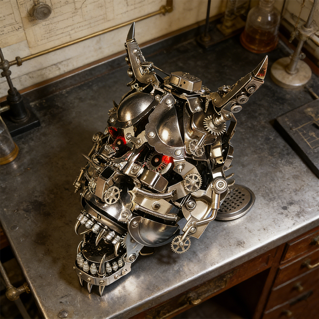 Menacing mechanical steampunk Hannya mask 3D puzzle metal kit with glowing red eyes and sharp fangs, displayed on a vintage metal workbench. This intricate steam punk mech is a challenging steampunk puzzle, designed as a highly detailed metal model, perfect for collectors of dark mechanical steampunk art and unique metal kits, incorporating the fierce imagery of a Hannya.