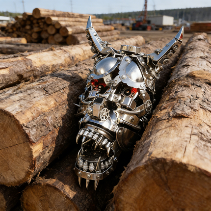 Fierce mechanical steampunk Hannya mask 3D puzzle metal kit with glowing red eyes, nestled among stacked logs in a timber yard. This imposing steam punk mech is a captivating steampunk puzzle, designed as a highly detailed metal model, appealing to collectors who appreciate mechanical steampunk art and robust metal kits in unexpected settings, embodying the spirit of a Hannya.