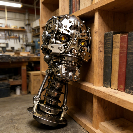 Distressed mechanical steampunk skull 3D puzzle metal kit with glowing yellow eyes, leaning against a wooden bookshelf in a workshop. This intricate metal model is a unique steampunk puzzle, featuring exposed gears, springs, and a weathered finish, perfect for collectors of mechanical steampunk art and robust metal kits with an industrial aesthetic.