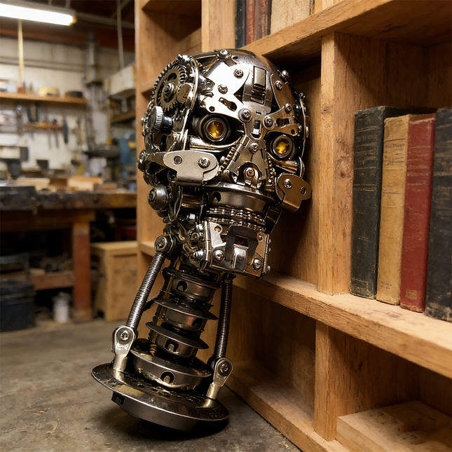 Distressed mechanical steampunk skull 3D puzzle metal kit with glowing yellow eyes, leaning against a wooden bookshelf in a workshop. This intricate metal model is a unique steampunk puzzle, featuring exposed gears, springs, and a weathered finish, perfect for collectors of mechanical steampunk art and robust metal kits with an industrial aesthetic.