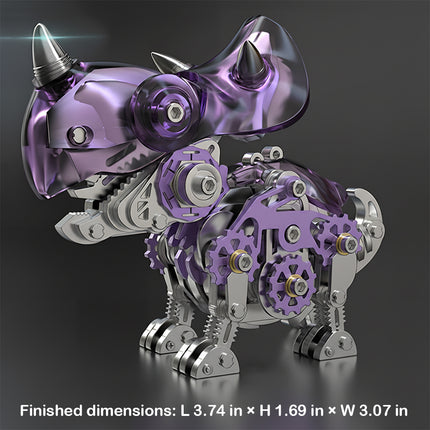  Purple and silver metal model rhinoceros 3D puzzle metal kits, featuring visible gears and mechanical steampunk design. Finished dimensions L 3.74 in × H 1.69 in × W 3.07 in.
