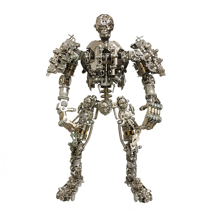 Full standing view of the "Body of Steel" metal model, a complete mechanical steampunk mech. This intricate 3D puzzle metal kit is a perfect steampunk puzzle for display.