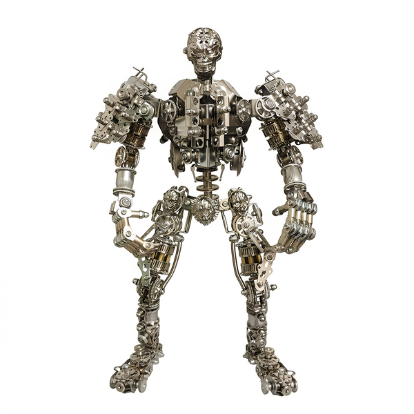 Full standing view of the "Body of Steel" metal model, a complete mechanical steampunk mech. This intricate 3D puzzle metal kit is a perfect steampunk puzzle for display.