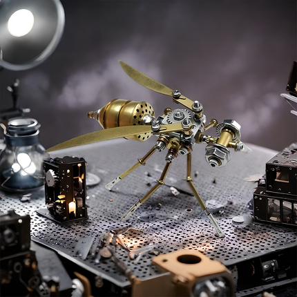 This is a steampunk-style mechanical wasp, assembled via 3D metal puzzles. It features brass/silver alloy parts (including blade-like wings, gears, and articulated legs), designed as a detailed decorative piece.Highlighted by industrial mechanical texture and lifelike wasp styling, it’s a striking collectible blending 3D puzzle art and steampunk insect design.