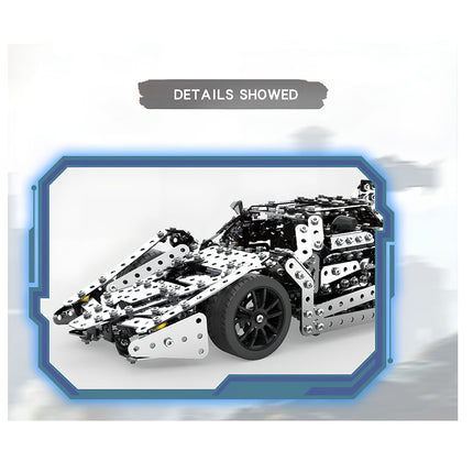 Detailed view of a finished metal model race car, emphasizing its intricate mechanical steampunk construction and design. This 3D puzzle metal kit is an impressive example of a challenging steampunk puzzle.