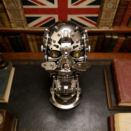 Intense mechanical steampunk skull 3D puzzle metal kit with glowing yellow eyes, viewed head-on against a backdrop of classic books and a British flag. This detailed metal model is a captivating steampunk puzzle, showcasing intricate industrial design and precise craftsmanship, ideal for mechanical steampunk collectors and enthusiasts of unique metal kits with a historical flair.