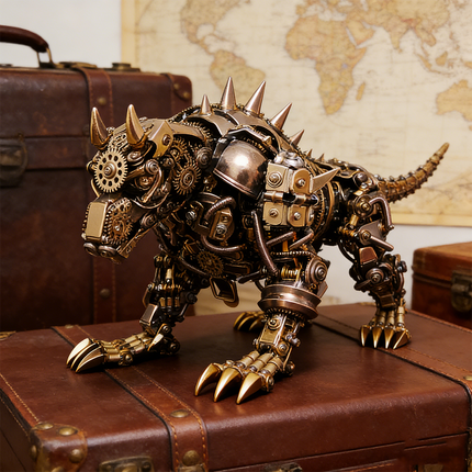 Rugged mechanical steampunk rhinoceros 3D puzzle metal kit with brass and bronze finishes, featuring sharp spikes and intricate gearwork, displayed on vintage leather suitcases. This formidable steam punk mech is a challenging steampunk puzzle, serving as a unique metal model and a testament to mechanical steampunk craftsmanship, perfect for collectors of exotic metal kits and adventure-themed decor.