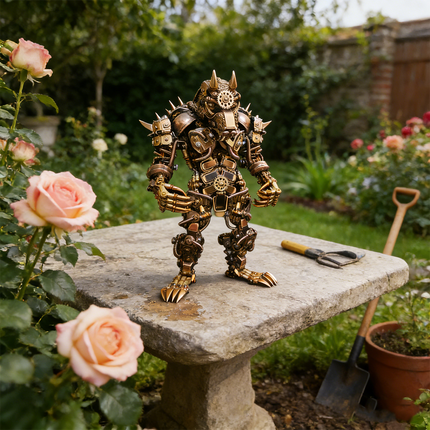 Majestic mechanical steampunk werewolf 3D puzzle metal kit with brass and copper tones, featuring intricate gears and spikes, standing on a stone table in a rose garden. This unique metal model is a captivating steampunk puzzle, offering a challenging build and serving as a striking piece of mechanical steampunk art for both indoor and outdoor display, inspired by the strength of a werewolf.