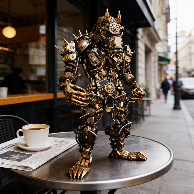 Imposing mechanical steampunk werewolf 3D puzzle metal kit with brass and copper tones, featuring spikes and gears, standing on an outdoor cafe table next to coffee and a newspaper. This intricate steam punk mech is a challenging steampunk puzzle, functioning as a striking metal model and a unique piece of mechanical steampunk art for urban settings, inspired by the fierce imagery of a werewolf.