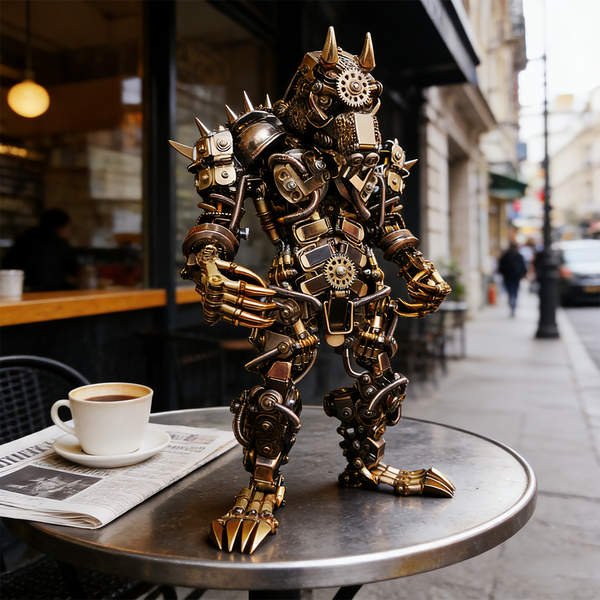 Imposing mechanical steampunk werewolf 3D puzzle metal kit with brass and copper tones, featuring spikes and gears, standing on an outdoor cafe table next to coffee and a newspaper. This intricate steam punk mech is a challenging steampunk puzzle, functioning as a striking metal model and a unique piece of mechanical steampunk art for urban settings, inspired by the fierce imagery of a werewolf.