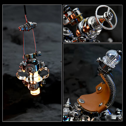  Close-up details of a steampunk lizard mech metal model, showcasing intricate gears, glowing lure, and a leather saddle, highlights of a mechanical steampunk puzzle.