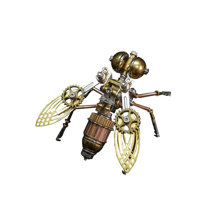  A charming steampunk-inspired mechanical fly 3D puzzle metal model, an exquisite DIY metal kit, with golden wings and intricate gears, posed as if in flight. This metal model is a unique and funny table ornament, perfect for collectors of whimsical curiosities.