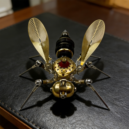  Exquisite steampunk puzzle bee metal model on a textured dark surface, highlighting its golden wings and precise mechanical steampunk construction, an ideal 3D puzzle Metal Kit.