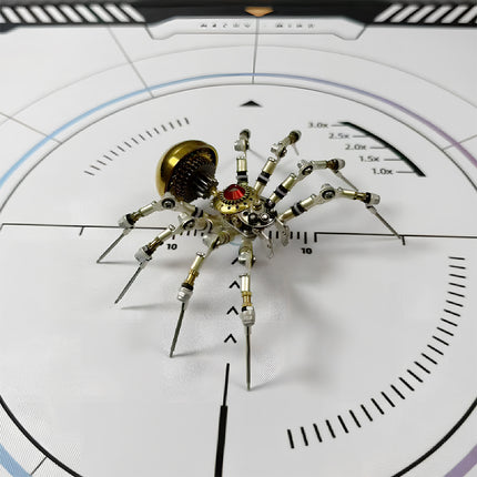 Close-up of a sophisticated steampunk puzzle spider, showcasing the detailed engineering and metallic construction of this unique 3D puzzle.