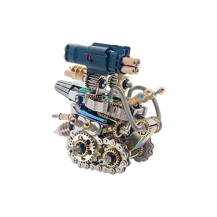 Explore the fascinating metal-assembled mechanical turret tank tabletop model from Table. This handcrafted steampunk desktop sculpture features gears, cables, and a blue mechanical turret
