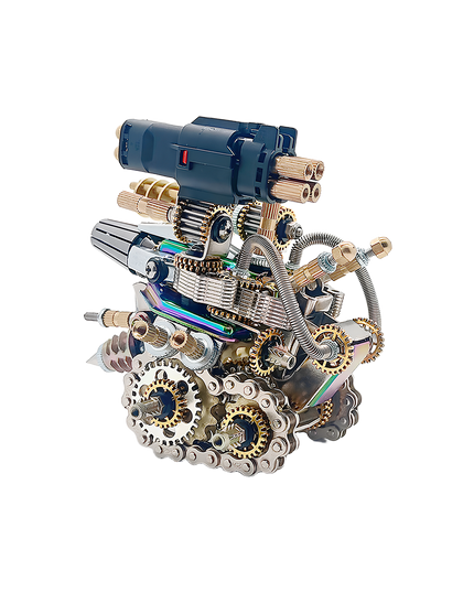 Explore the fascinating metal-assembled mechanical turret tank tabletop model from Table. This handcrafted steampunk desktop sculpture features gears, cables, and a blue mechanical turret