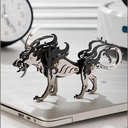 Assembled stylized wolf king metal model standing on a desk with a clock in the background, a striking mechanical steampunk 3D puzzle and unique metal kit for office or home decor.