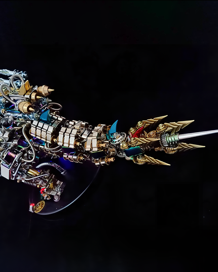 Highly detailed steampunk mechanical dragon tail metal model, a challenging DIY 3D assembly metal kit showcasing intricate mechanical components against a black backdrop, perfect for collectors' desktop displays.
