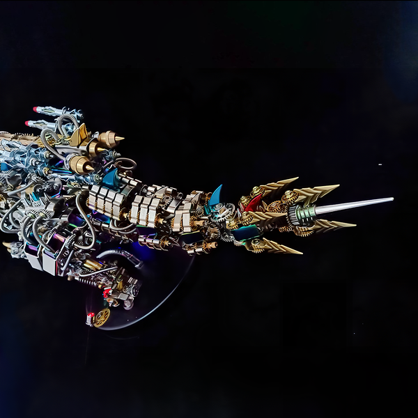 Highly detailed steampunk mechanical dragon tail metal model, a challenging DIY 3D assembly metal kit showcasing intricate mechanical components against a black backdrop, perfect for collectors' desktop displays.